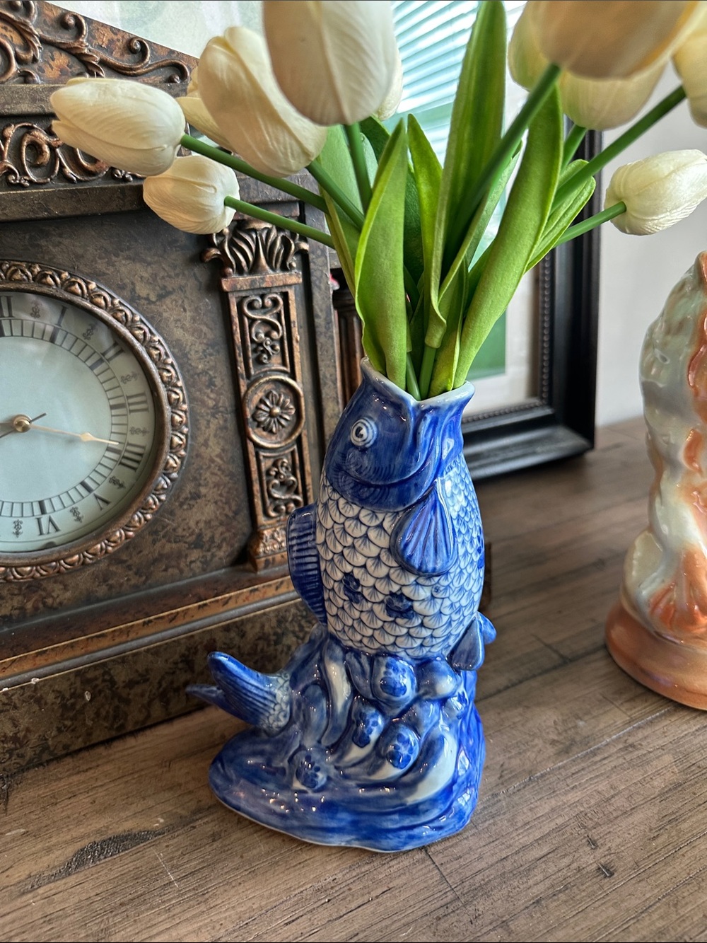 Blue and White Ceramic Koi Fish Chinoiserie Statue/Vase